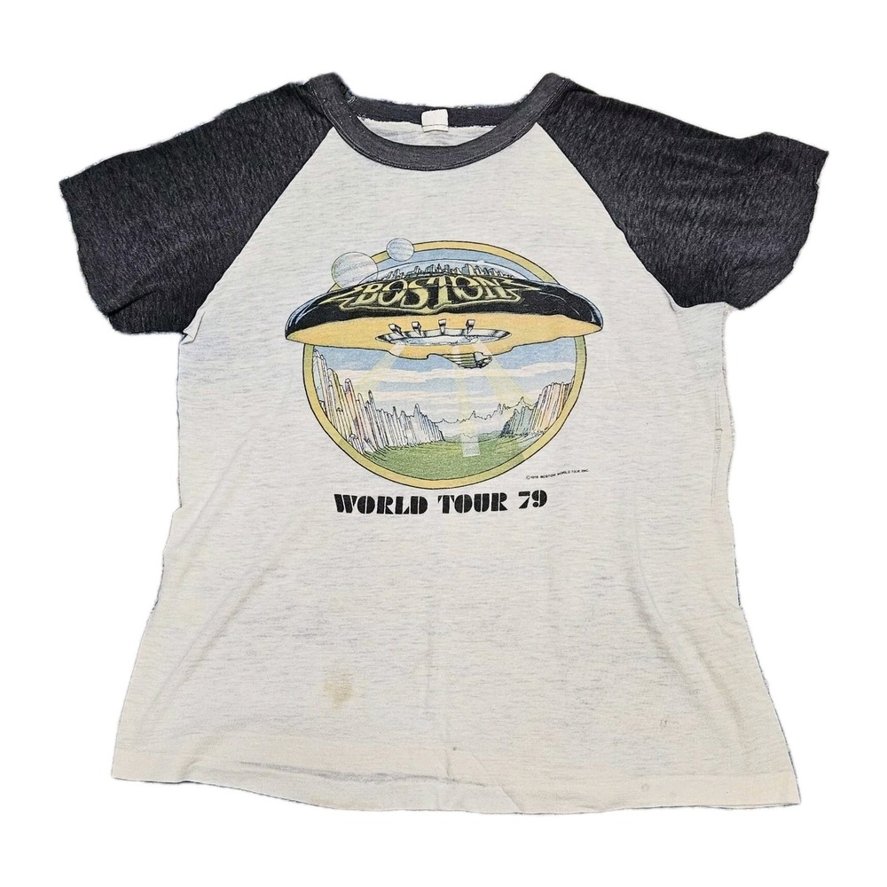 Vintage Boston T Shirt Mens Sm Gray World Tour 79 Raglan Baseball Tee Distressed